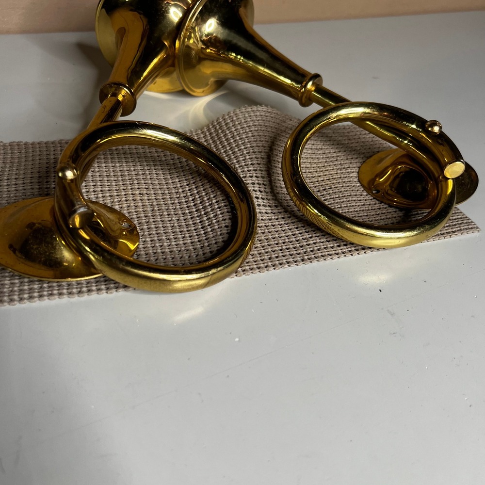 Vintage Brass French Horn Towel Ring Pair Wall Mount Equestrian Decor Gold 9.5in